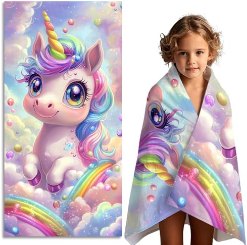 FEELJAM Kinder-Strandtuch, schnelltrocknendes Badetuch, Strandtuch für Jungen und Mädchen, Badetuch für Damen (Mehrfarbig Niedlich Einhorn, 70 * 140cm)