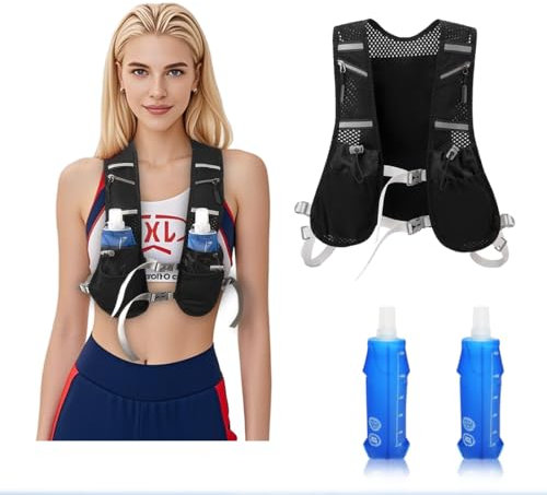 WRQIOO Laufweste für Damen Und Herren, Trinkrucksack Laufen mit 2 Flaschen 500ml, Trinkweste Laufen, Reflektierend, Verstellbarer Laufrucksack mit Trinkblase für Läufe, Radfahren, Trails, Marathons