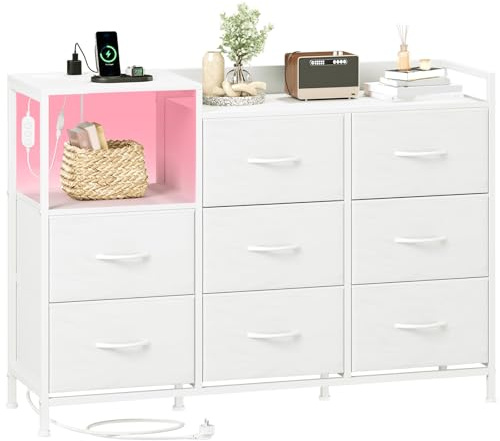 Somdot Commode Chambre LED avec Prises, à 8 Tiroirs en Tissu, Blanc