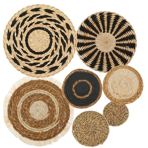 7 Stück Boho Wandkorb Rund Fünf Größen Durchmesser 11/15/18/25/30cm, Boho Wandkorb Set Rohrkolbengras Gewebt Kein Verblassen, für Wohnzimmer, Esszimmer,Schlafzimmer