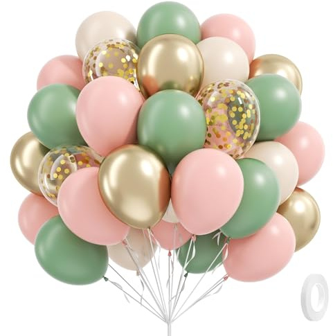 60pcs Pink and Green Balloons 12inch with Sage Green Light Pink Sand White Metallic Gold Confetti Balloons for Birthday Bridal Shower Boho Baby in Bloom Baby Shower Decorations