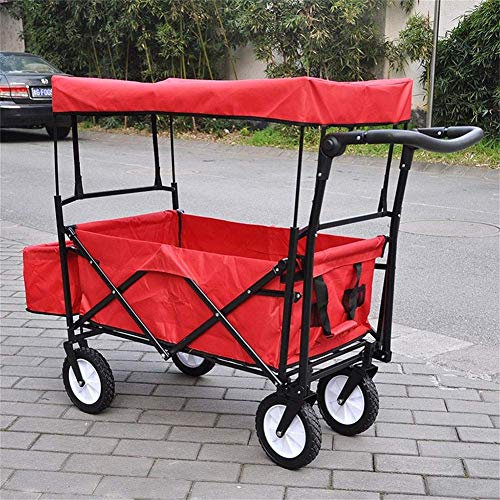 HUIBBGO Handkarre, Einkaufstrolley/Klappbarer tragbarer Kleiner Anhänger/Outdoor-Wagen mit Überdachung, Garten-Mehrzweckdachwagen, Camping, Vier Runden, Gepäckwagen/Last 68 kg