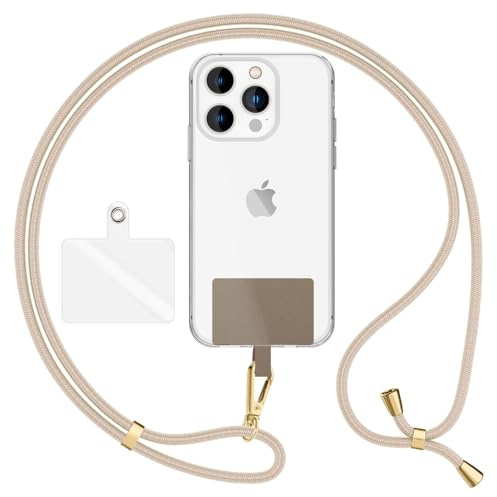 NALIA Universellt Mobilband till Smartphones - Robust Rep & 2 Patches - HOLDME AIR (Klassiskt Halsband med Guldfärgad Karbinhake) - Tyskt Märke, Färg:Vit Beige