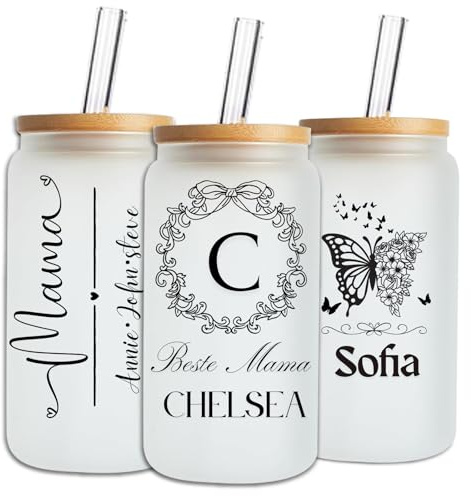Mason Life Personalisierte Glas mit Initia Name- Glas mit Deckel und Strohhalmen, Eiskaffee Becher 530 ml-Personalisierte Geschenk für Muttertag, Geburtstag, Hochzeit