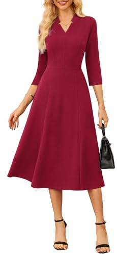 GRACE KARIN Abito da donna elegante con maniche a 3/4, scollo a V, da cocktail, da lavoro con tasche, rosso scuro, M