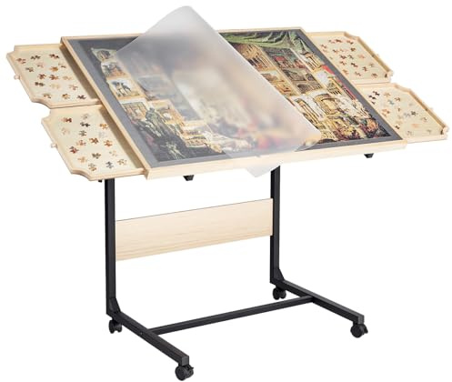 VEVOR Tavolo da Puzzle Pieghevole 1500 Pezzi con Gambe, 4 Cassetti e Coperchio, Tavolo da Puzzle Regolabile in Legno con Ruote 865 x 635 mm per Adulti, Altezza Regolabile e 5 Angoli di Inclinazione