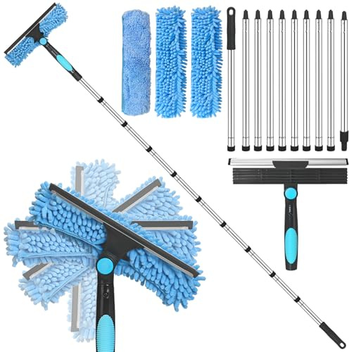 Window Cleaning Kit, 400CM Window Cleaner Tool with Long Handle, 2 in 1 Detachable Window Cleaning Equipment with Squeegee and Cloth for Indoor Outdoor High Window, Glass, Blue Window Cleaning Pole