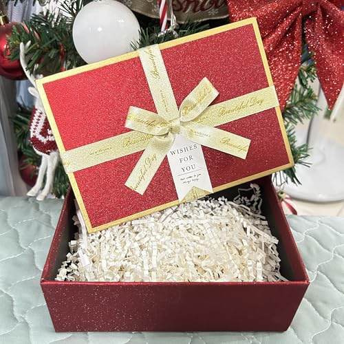 Rote Geschenkbox für Geschenke, 1 Stück Premium-Geschenkboxen mit Deckel, Band geschreddertes Papier (große Größe: 22,5 x 16 x 9,5 cm), rechteckige leere Kartonbox für Geburtstag/Valentinstag/Hochzeit