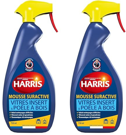 Harris Mousse Suractive - Lot de 2 x 750ml - Nettoyant Vitre Insert Cheminée à Bois et Poêle - Élimine Suie, Traces Incrustées - Fabrication Française
