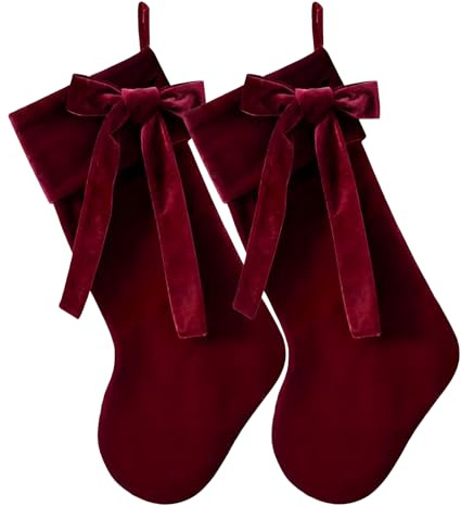 Nikolausstrumpf mit Schleife - 2er Set Samt-Weihnachtsstrümpf | Große Nikolausstiefel zum Befüllen & Aufhängen | Christmas Stockings | Nikolaussocke Weihnachtsdeko für Kamin Weihnachtsbaum Wand Treppe
