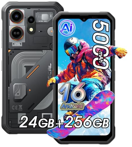 OSCAL Marine 3 Android 16 Rugged Smartphone 4G, 24GB+256GB/TF 2TB Al Telefono, 6.56 HD+90Hz, 16MP AI Camera, 5000mAh Telefono Indistruttibile, Gemini Al, Telefono Robusto IP68, NFC, GPS, OTG, Nero