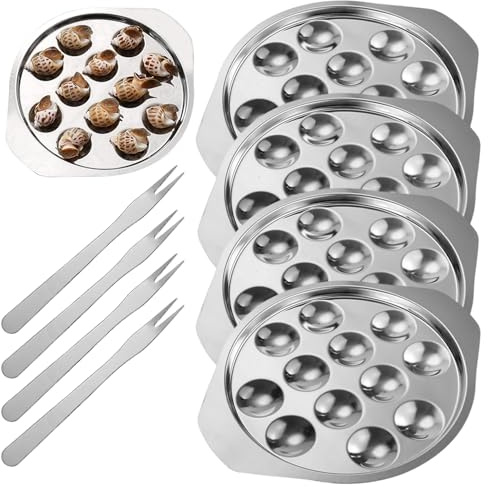4Pcs Plat de Cuisson à Escargots, Plaque à Escargots en Acier Inoxydable 12 Trous avec 4 Fourchettes pour Champignons Fruits de Mer Maison Restaurant Hôtel Cuisine, Assiette