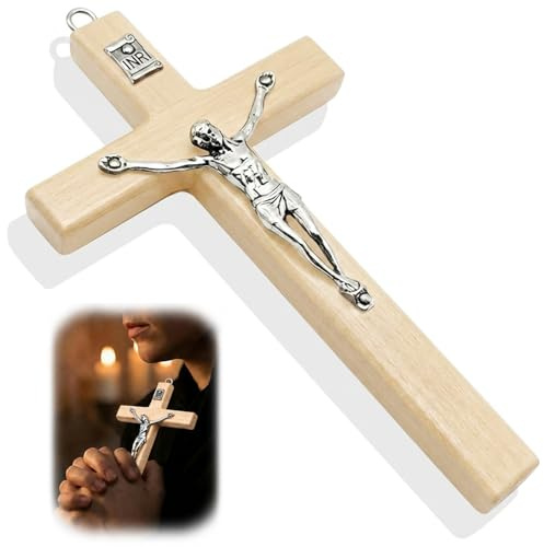 UIHRLM Wooden Cross, 4.9 Inch Jesus Cross with Hanging Hole Design, Crucifix Wall Hanging Religious Worship Symbol Catholic Ornament Accessories for Church, Living Room, Home Decoration (Natural wood)