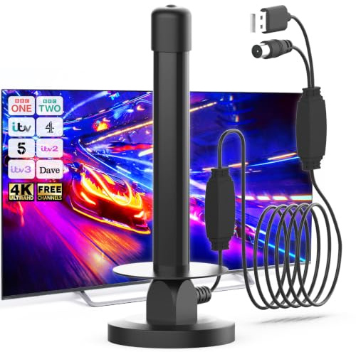 Indoor TV Aerial with Signal Amplifier Magnetic Base Digital TV Aerial Indoor for Smart TV and All Televisions High Gain Reception Supports 4K 1080P Universal Indoor Aerial 5m Coaxial Cable