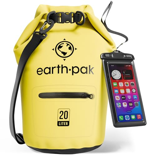 Wasserdichter Packsack 20L - Dry Bag mit Reißverschlusstasche und Rolltop | Dry Bag 20L in Gelb: schwimmfähiger Trockensack mit Reißverschluss-Außentasche und IPX8-Handyhülle
