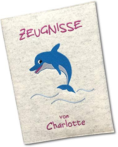 Goldi-Design Zeugnismappe Delfin weiß personalisiert mit Namen 100% Wollfilzumschlag und Sichtbuch DIN A4 mit 20 Hüllen