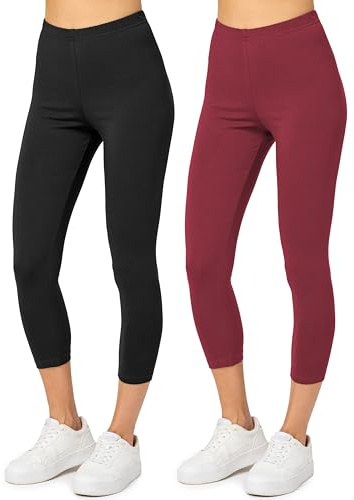 Merry Style Leggings Donna 3/4 Pantaloni Capri Morbidi e Confortevoli Leggins Donna in Cotone Traspirante Elastici e Delicati sulla Pelle Sensibile (2 Pack) MS10-199 (Nero/Rosso Vinaccia, S)