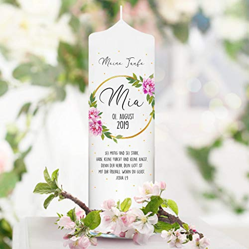 Taufkerze Blumenkranz Blütenkranz - Kerze zur Taufe, Geburt oder Kommunion – weiß 25 x 7 cm mit Name, Datum, ggf. Taufspruch / / Taufkerze 25 x 7 cm (Taufspruch wie abgebildet)