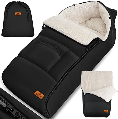 Kidiz® Babyfußsack Baby Fußsack Winterfußsack Babyschale mit Reißverschluss Kuschelsack Babydecke Kinderwagen waschbar verschließbarer Kopfteil,Tasche, passend für alle Kinderwagen, Schwarz