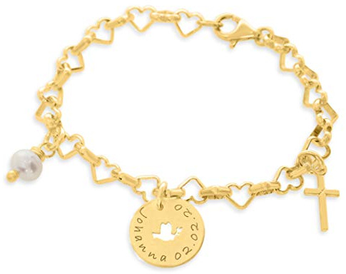 Silberarmband Gold zur Taufe mit Gravur Kreuz Taufarmband 925 Silber vergoldet Taube Name Namensarmband Herzkette Kommunion Taufschmuck