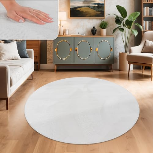 Paco Home Tappeto Salotto e Camera da Letto Moderno a Pelo Corto - Morbido, Lavabile, Antiscivolo, in Finta Pelliccia, Dimensione:80 cm tondo, Colore:Bianco