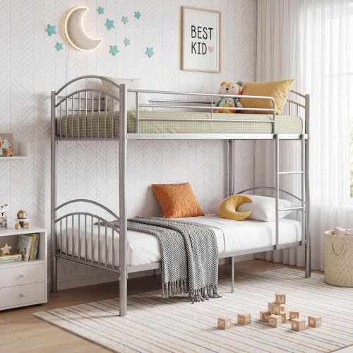 Panana Metal Single Bunk Bed Twin Sleeper Frame 3FT with Ladder Bedroom Steel Bedstead for Kids Teenagers Adult,Can split into 2pcs 3FT Beds (Silver)