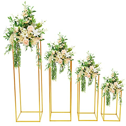 LOYALHEARTDY 4Pcs 15.7/23.6/31.5/39.4 inch Tall Wedding Flower Stand Metal Vase Stand Floor Metal Column, Table Flower Stands for Home Event Party Wedding Decoration Rectangular Flower Display Rack