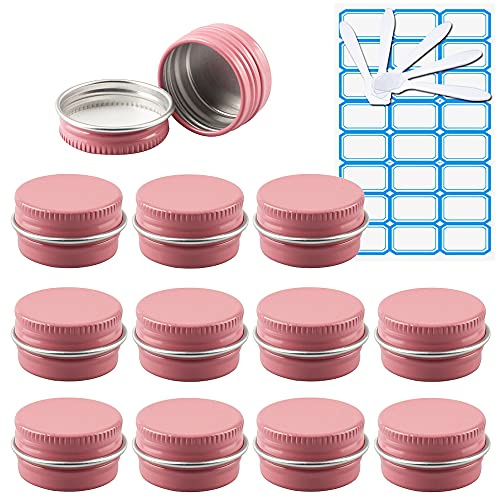 ZEOABSY 10 Stück Leere 5 ml Rund Rosa Aluminium Schraubdose Cremedose Alu-Tiegel Dosen mit Schraub-Deckel 5ml Aludose Blechdosen für Kosmetik Kerze Salben mit 5X Löffel 1x Etikette