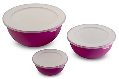 Omada Design, Kit de 3 bols à salade avec couvercle (0,5 l, 1,5 l, 3,5 l) Intérieur blanc et extérieur coloré, Microban antibactérien Ligne Sanaliving