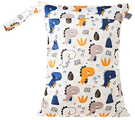 Treer Niedlich Bedruckte Windeltasche Wasserdichte Trocken und Nasstaschen Baby Wetbags mit Reißverschluss, Windeltasche Kleinkind Stoffwindeln Hängende Organiser Beutel (Dinosaurier)