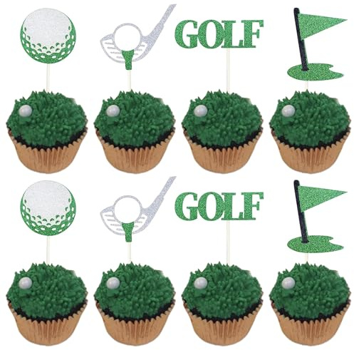 SYKYCTCY 24 Pack Golf Cupcake Toppers Glitter Sport Golf Ball Cupcake Picks Baby Shower Golf Sports Players Theme Birthday Party Cake Decorations Supplies