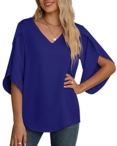 Yommay Chiffongblus för kvinnor damtoppar elegant ledig lös 3/4 veckad delad ärm V-hals sommarblus t-shirts, Kungsblå, XXL