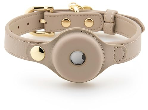 Nina Woof Cupertino Hundehalsband aus veganem Leder, gepolstert und verstellbar mit Tracker-Halterung, Beige, Größe M (Hals 38-48 cm)