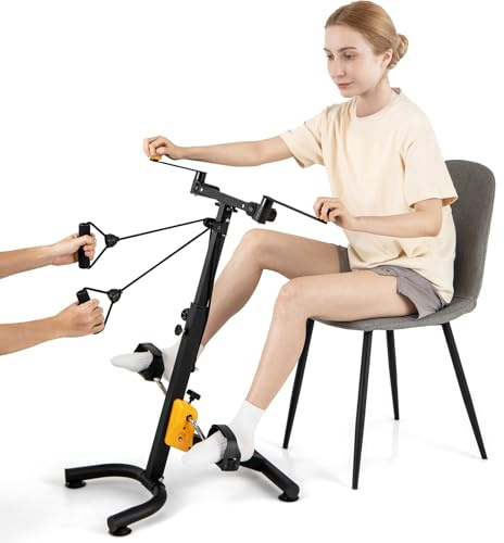 GYMAX Vélo d’Appartement Pliable, 9 Hauteurs Réglables, Corde de résistance, Poignées Rotatives, Exerciseur à Pédales pour Entraînement de Mains, Bras, Jambes et Genoux, pour Fiteness, Personnes Âgées