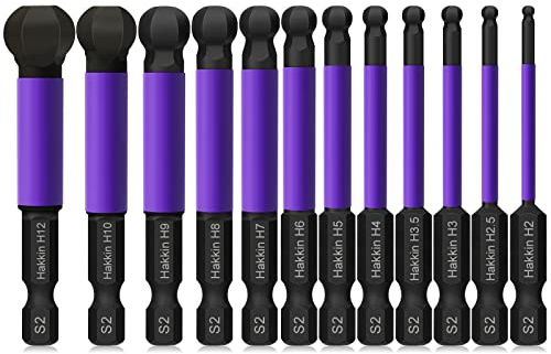 Allen Key Bit Set Hakkin 12Pcs Ball End Allen Hex Key Set S2 Steel 1/4” Hex Shank Magnetic Allen Wrench Screwdriver Bits 65mm Phosphating Treatment Purple H2-H12 for Assembling Furniture