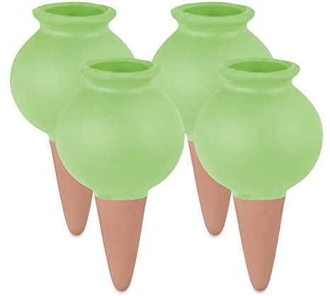 Relaxdays Set 4 Sfere da Irrigazione, Coni in Argilla, 100 ml, Irrigatore Annaffia Piante, in Ceramica, Verde Terracotta, 12 x 6 cm