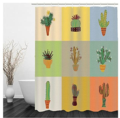 Whoiy Bad Vorhang Grün, Duschrollo Um Die Ecke 150X180cm Polyester Shower Curtains Kaktus Muster Orange für Badezimmer Badewanne