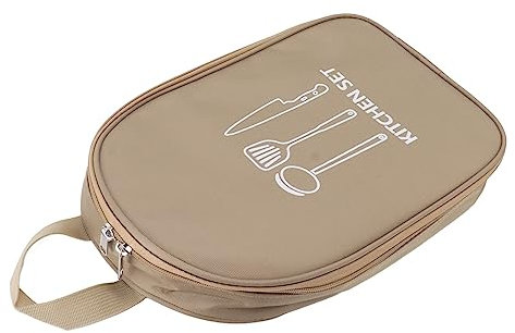 Camping-Reise-Kochgeschirr-Tasche, Mehrere Fächer, Kochutensilien-Aufbewahrung, Tragbare Tasche, Große Kapazität, Camping-Küchenutensilien-Tasche, Spatel, Suppenlöffel, Gabel (Khaki)