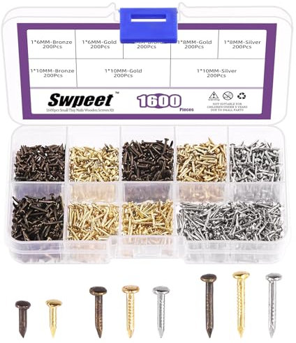 Swpeet 1600Pcs 6/8/10mm 3 Farben Kleine Kupfer-überzogene Hardware Winzige Schrauben/Nägel Kit Inklusive Gold Silber Bronze Box Winzige Holzschrauben Mini Nägel für Kompakt Antik DIY Box Zubehör