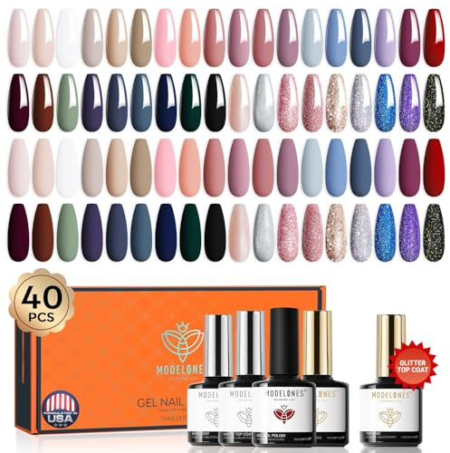 modelones 40 Pcs Uv Nagellack, 36 Herbst UV Gel Nagellack Base und Top Coat Matte Glitzer, Rot Braun Nude Weiß Rosa Grün Schwarz Glitzer Color Gel Nail Polish Starter Kit Manicure Geschenk