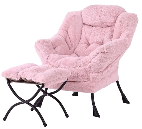 YOTATING Comfy Armchair with Footstool, Lazy Chair with Ottoman Leisure Accent Chair Relax Lounge Chair with Armrests & Side Pocket for Living Room, Bedroom & Small Spaces Armchair, Plush Pink