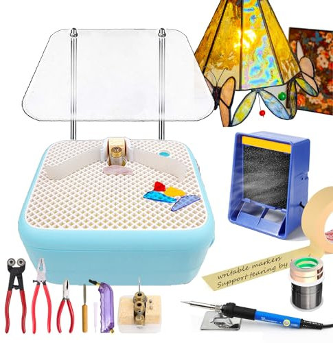 json2xml Professionelles Buntglas-Schleif-Set, Glas-Bastel-Starter-Werkzeug-Set Für Anfänger Mit 3-Teiligen Diamant-Schleif-Bits, Glasschneider, Löt-Set Und Lötrauchabsaugventilator,Blue