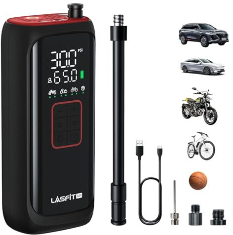 [2025 Upgraded] LASFIT BM1 Bike Pump [20s Fast Inflation] 150PSI Electric Bicycle Air Pump Portable Motorcycle Tire Inflator w/Digital Pressure Gauge, Smart Auto Stop, Schrader, Presta Valve