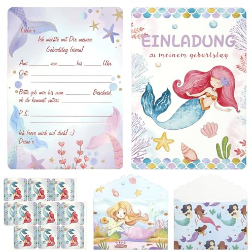 12x Meerjungfrau Einladungskarten Kindergeburtstag,mit Umschlägen &Stickern | Einladungskarten Geburtstag Madchen,einladungskartens meerjungfrau geburtstags,für Geburtstage,Geschenke für Mädchens