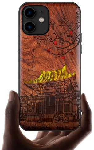Carveit Coque Compatible avec iPhone 11 Étui en Bois Cover [Gravure en Bois et Incrustation de Coquille] Case pour 11 Coque Premium (Rosé-Temple Traditionnel)
