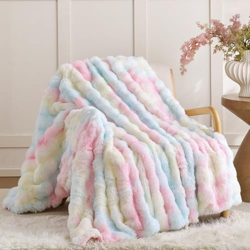 Smoofy Faux Fur Throw Blanket for Couch - Rainbow Super Soft Cozy Bubble Blanket, Fluffy Plush Fuzzy Throw for Sofa & Bed, Thick Lightweight Warm Blanket, Luxury Aesthetic Gift for Women 50x60