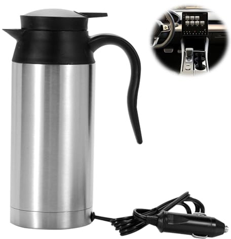 XEERUN Taza Calefactora para Coche, Hervidor Eléctrico Portátil de 12V, Taza de Viaje Calefactable, Apagado Automático, para Agua, Té, Café, Leche, Multiusos (750ml, Inoxidable )