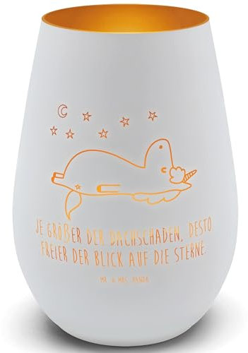 Mr. & Mrs. Panda Gold Windlicht Einhorn Sternenhimmel - Geschenk, Kerze, Unicorn, Graviertes Windlicht, Teelicht aus Glas, Verrückt, Einhorn Deko,