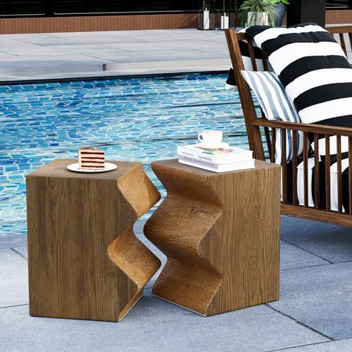 HOMPUS Beistelltisch aus Beton mit Kunstholz, 2er-Set, Terrassen-Beistelltisch, modern, Vintage, MgO, leicht, funktional, Kombinationstisch für den Innen- und Außenbereich, Garten, Deck, Pool, Braun
