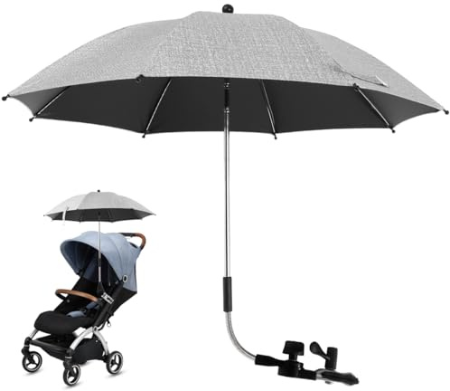 Beenle-Icey Ombrellone per Passeggino,Ombrellino Passeggino Universale,Protezione UV a 360°,Parasole Universale per Carrozzina con Morsetto Regolabile e Braccio Flessibile (grigio, 75cm)